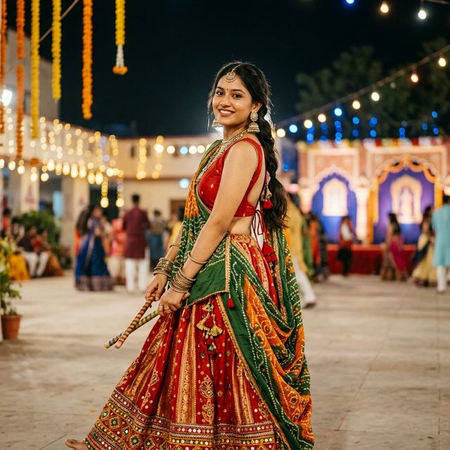 Woman in traditional Chaniya Choli at Best Dandiya in Ahmedabad