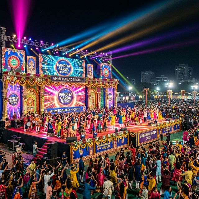 Dandiya Ahmedabad – Grand Garba Night stage with dramatic spotlights