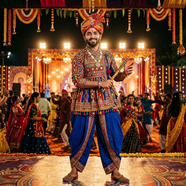 Man in traditional Kedia outfit at Navratri festival Ahmedabad
